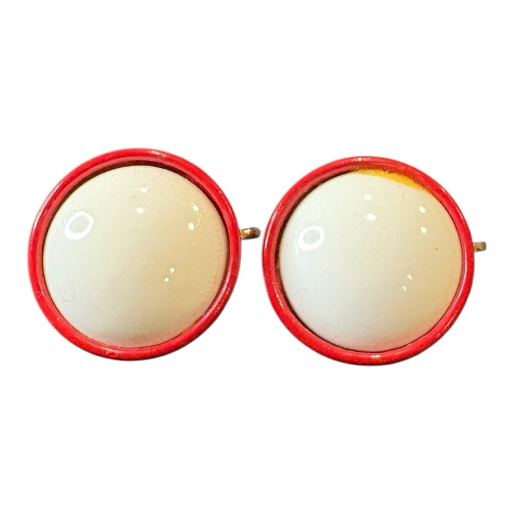 Vintage Red and Ivory Dome Clip-On Earrings Retro Mod Statement J15